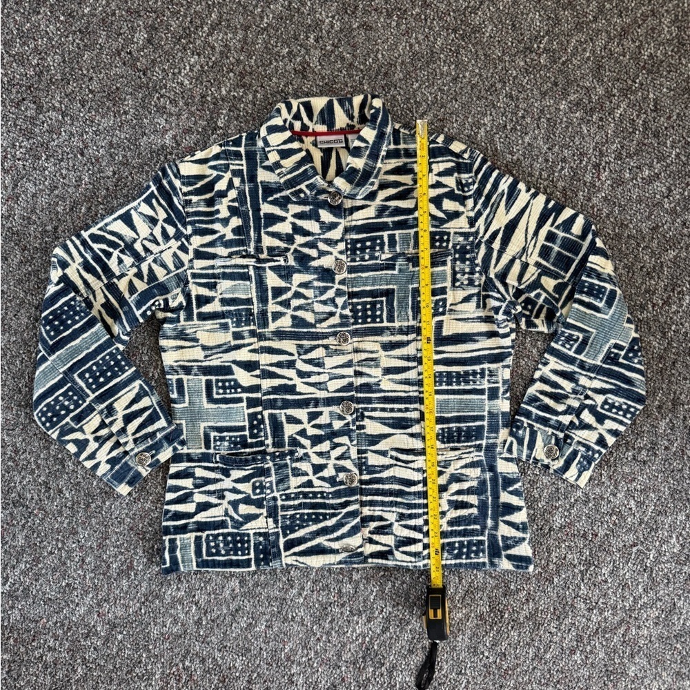 Chico's Cabazon Ddornment Indigo Blue and Cream Abstract Jacket Size 2 Baggy Wmn